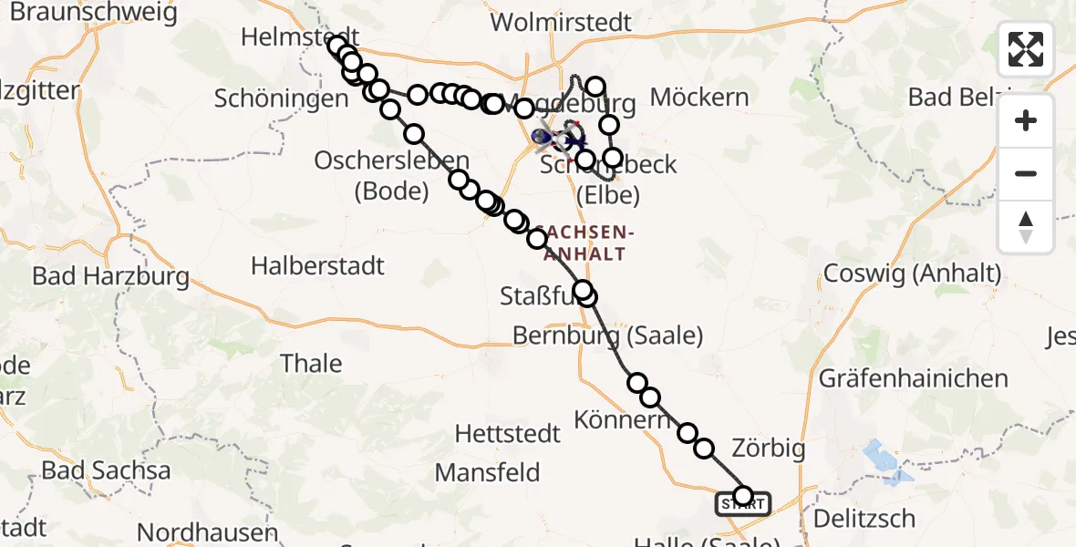 Flugroute Polizeihubschrauber Halle-Oppin Flugplatz - Magdeburg, 16 Juni 2026, 22:06