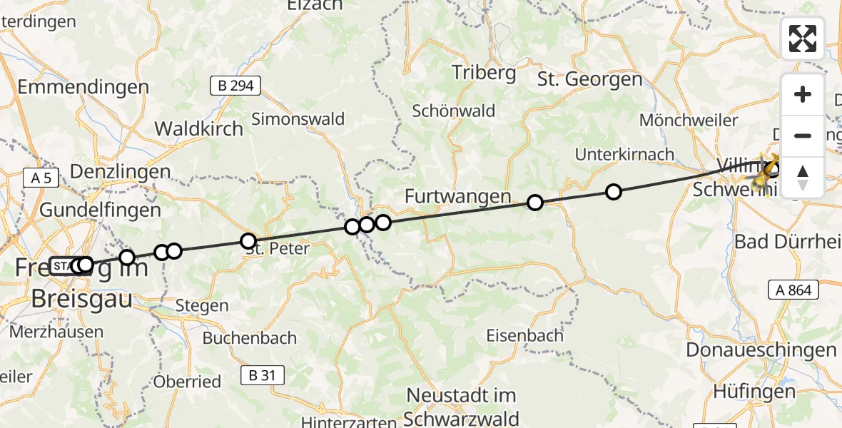 Flugroute Ambulanzhubschrauber Freiburg University Hospital Heliport 1 - DRF Air Rescue Station Villingen-Schwenningen Hubschrauberlandeplatz (Christoph 11), 16 Juni 2026, 22:21
