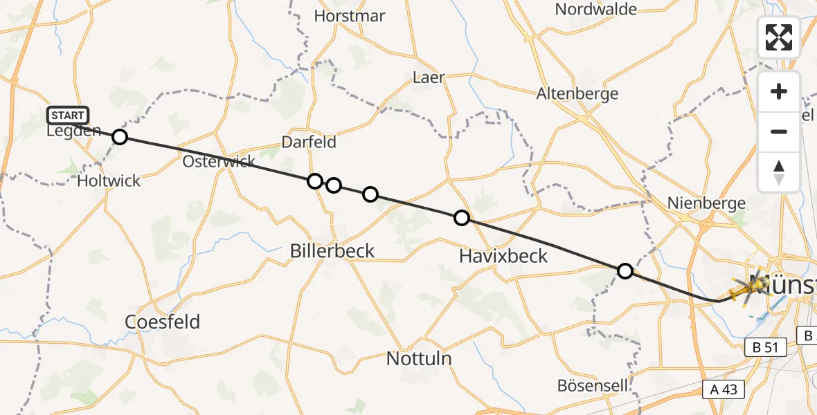 Flugroute Ambulanzhubschrauber Legden - Münster, 16 Juni 2026, 22:40