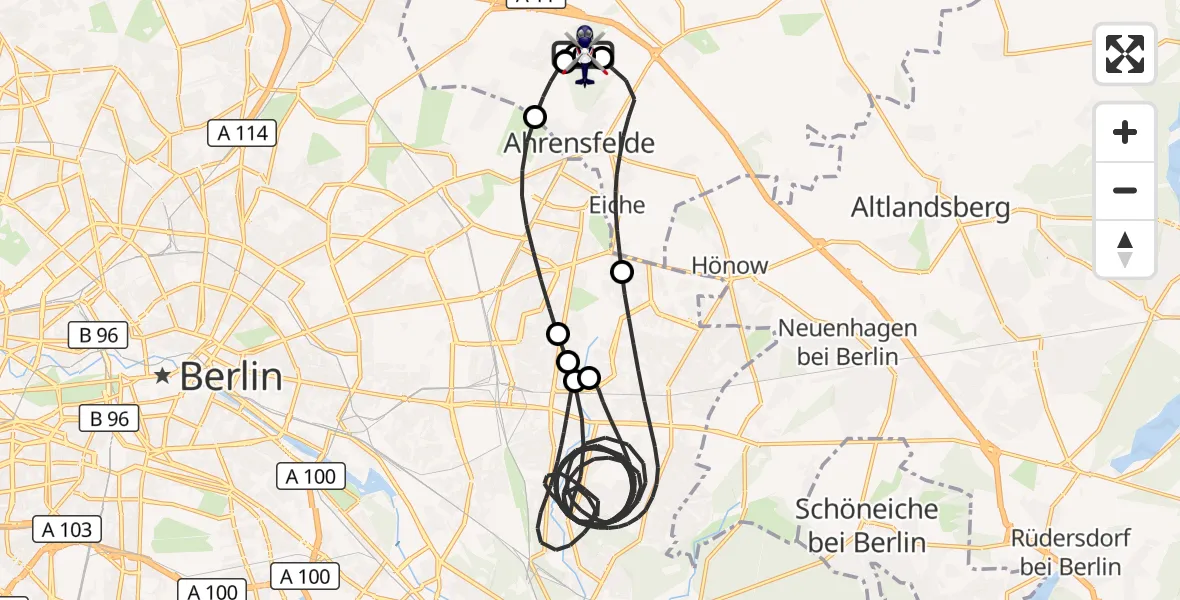 Flugroute Polizeihubschrauber Ahrensfelde Hubschrauberlandeplatz - Ahrensfelde Hubschrauberlandeplatz, 16 Juni 2026, 23:14