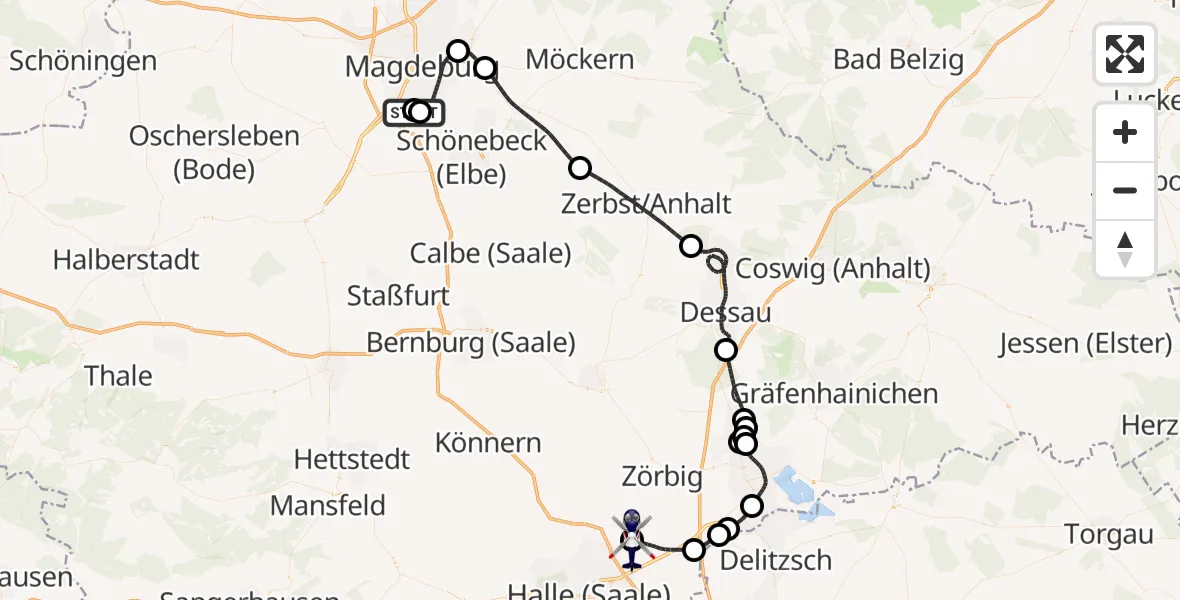 Flugroute Polizeihubschrauber Magdeburg - Halle-Oppin Flugplatz, 16 Juni 2026, 23:41