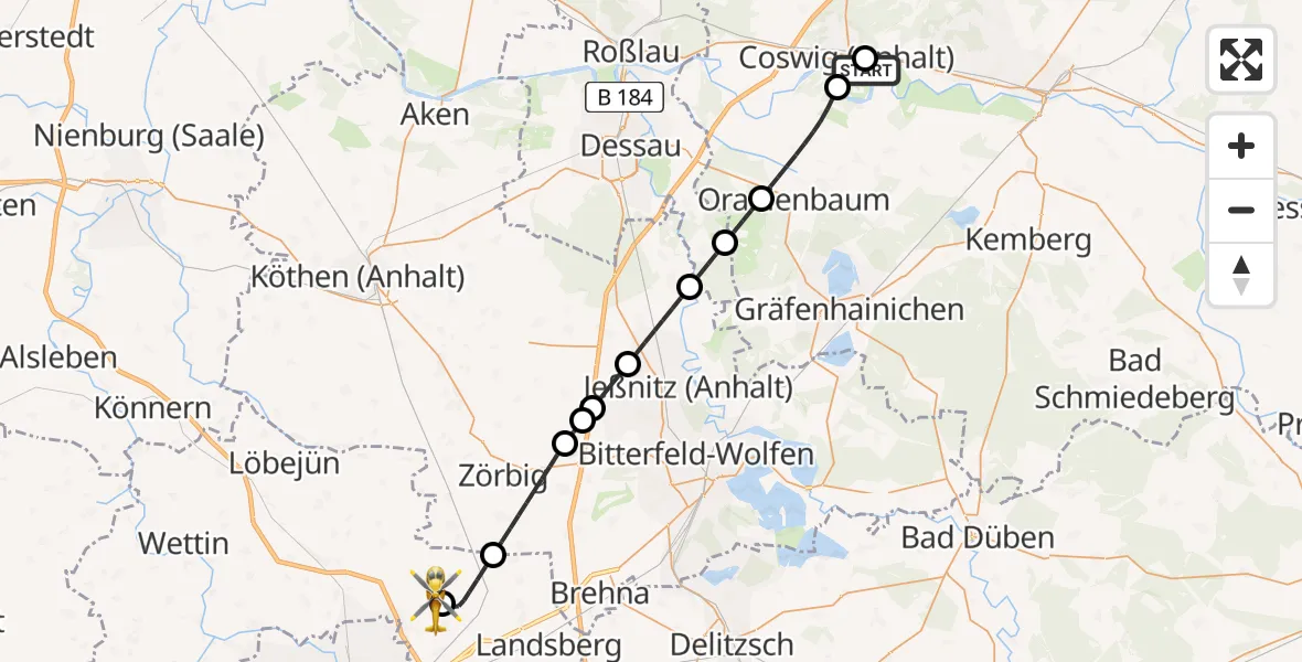 Flugroute Rettungshubschrauber MediClin Heart Center Coswig Hubschrauberlandeplatz - Halle-Oppin Flugplatz, 17 Juni 2026, 00:19