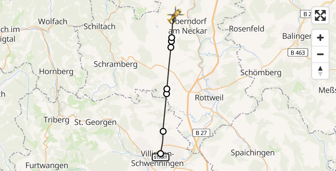 Flugroute Ambulanzhubschrauber DRF Air Rescue Station Villingen-Schwenningen Hubschrauberlandeplatz (Christoph 11) - Oberndorf am Neckar, 17 Juni 2026, 00:35