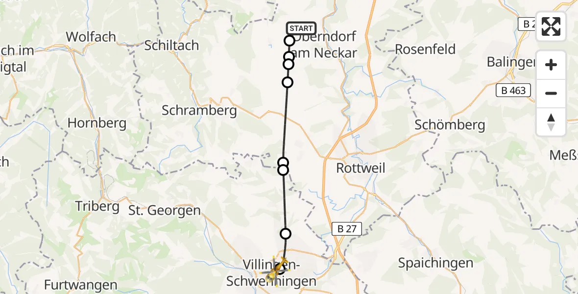 Flugroute Ambulanzhubschrauber Oberndorf am Neckar - DRF Air Rescue Station Villingen-Schwenningen Hubschrauberlandeplatz (Christoph 11), 17 Juni 2026, 01:07