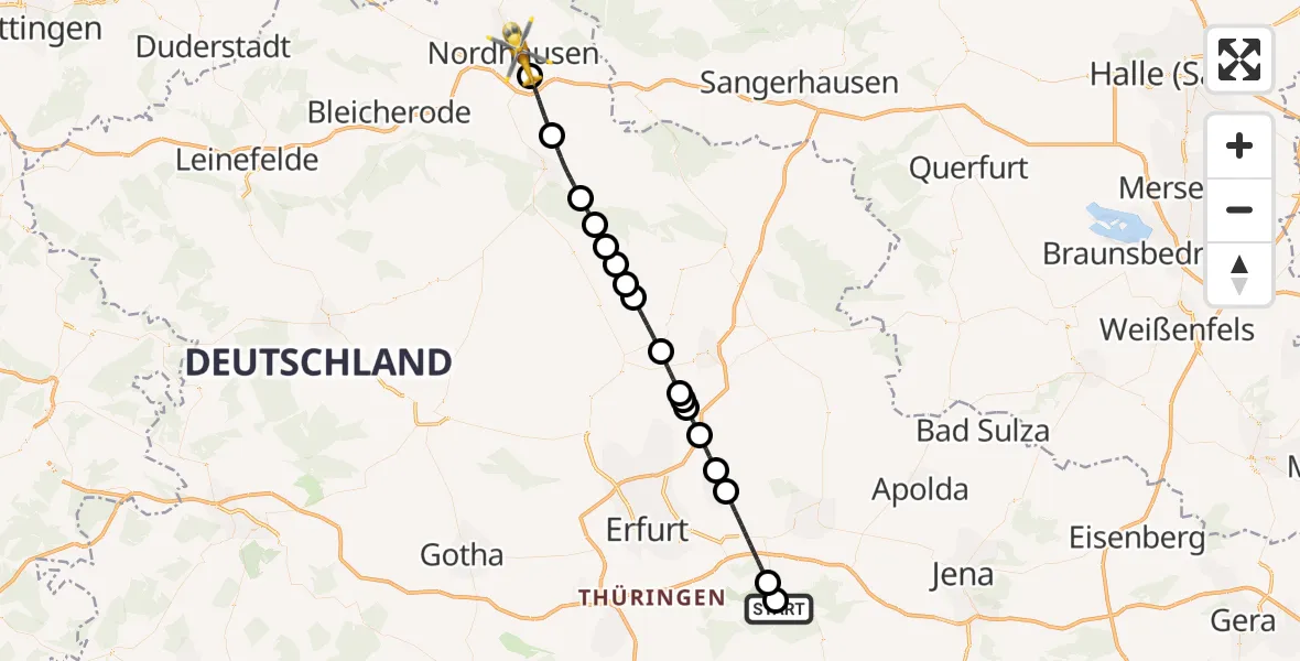 Flugroute Ambulanzhubschrauber Bad Berka Central Hospital - Nordhausen, 17 Juni 2026, 03:41