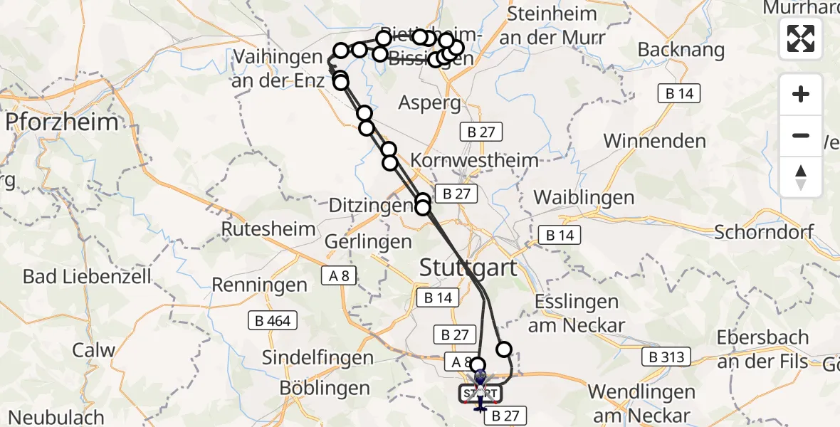 Flugroute Polizeihubschrauber Flughafen Stuttgart - Flughafen Stuttgart, 17 Juni 2026, 03:49