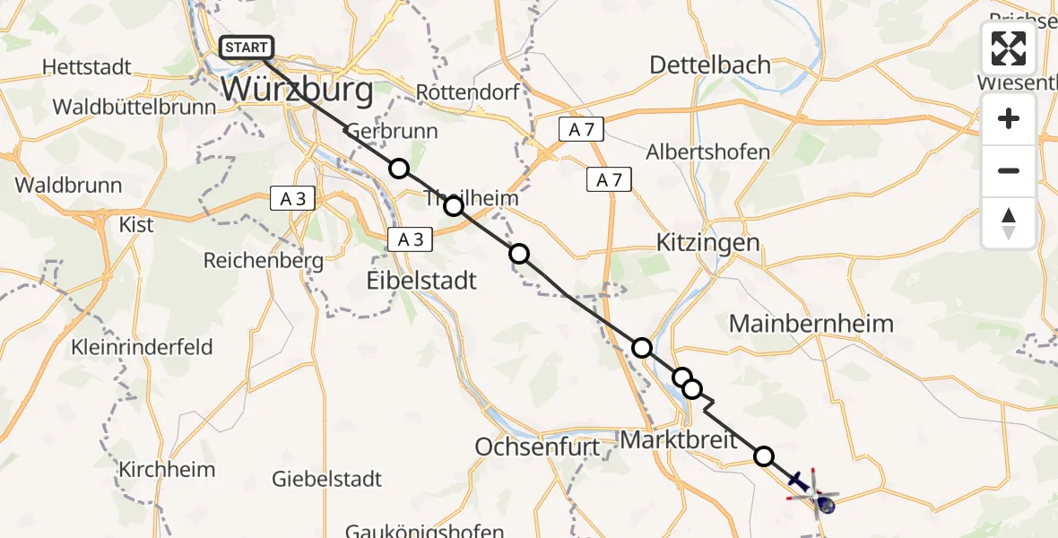 Flugroute Polizeihubschrauber Würzburg - Seinsheim, 17 Juni 2026, 04:30