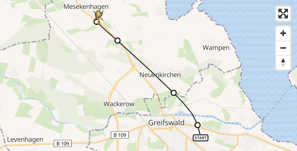 Flugroute Rettungshubschrauber Greifswald Hospital - Mesekenhagen, 17 Juni 2026, 04:39