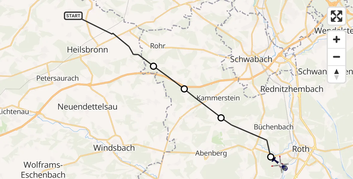 Flugroute Polizeihubschrauber Heilsbronn - Roth, 17 Juni 2026, 04:50