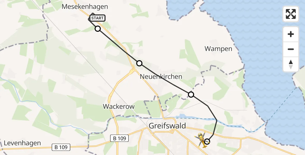 Flugroute Rettungshubschrauber Mesekenhagen - Greifswald Hospital, 17 Juni 2026, 05:16