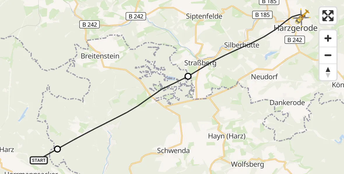 Flugroute Rettungshubschrauber Harztor - Harzgerode, 17 Juni 2026, 05:44