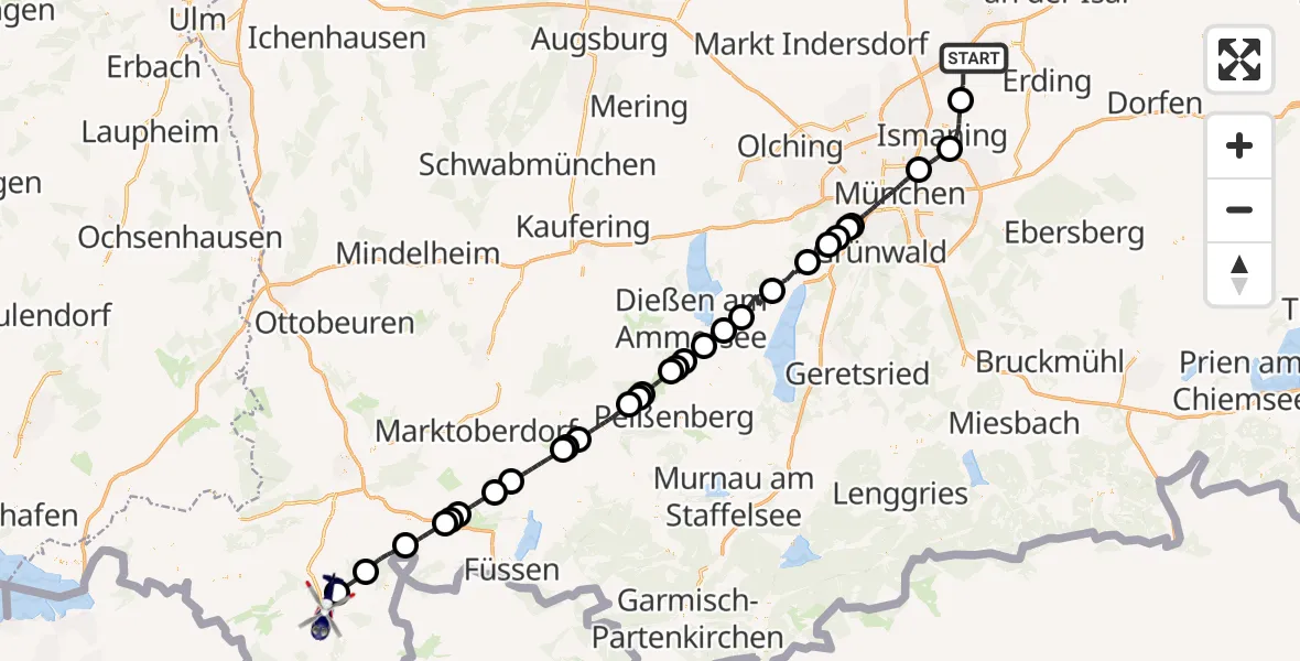Flugroute Polizeihubschrauber Hallbergmoos - Sonthofen, 17 Juni 2026, 05:58