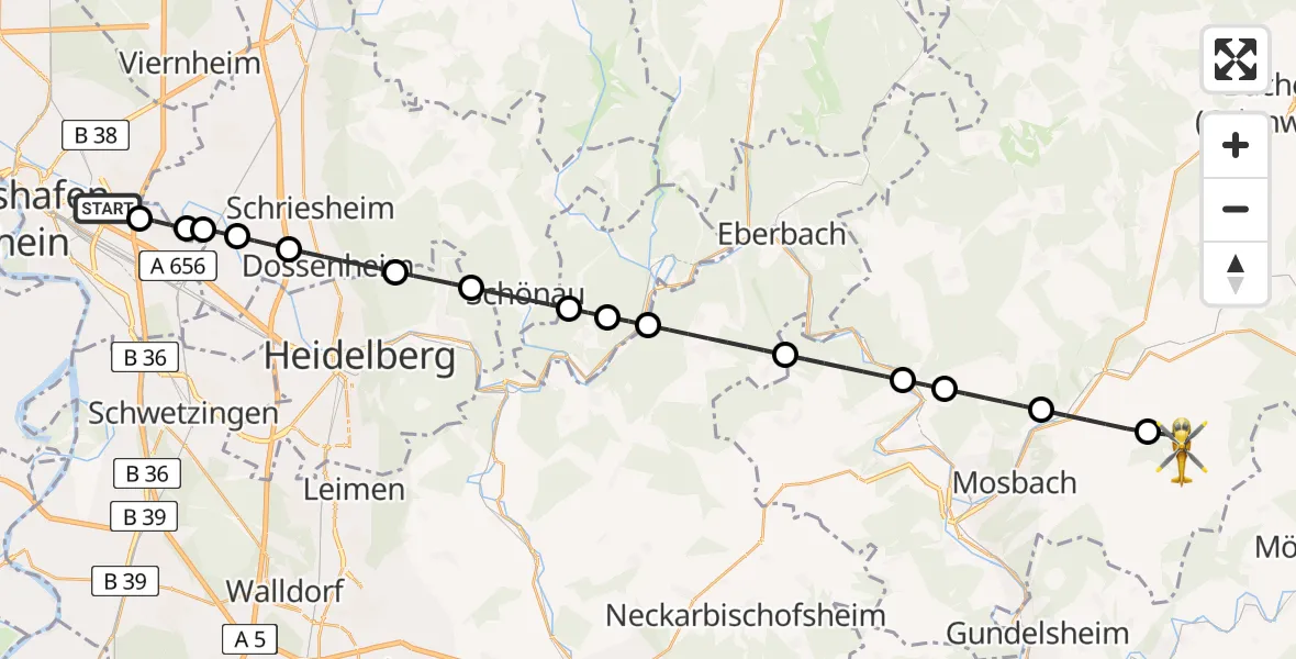 Flugroute Rettungshubschrauber Mannheim-City Flughafen - Billigheim, 17 Juni 2026, 06:00