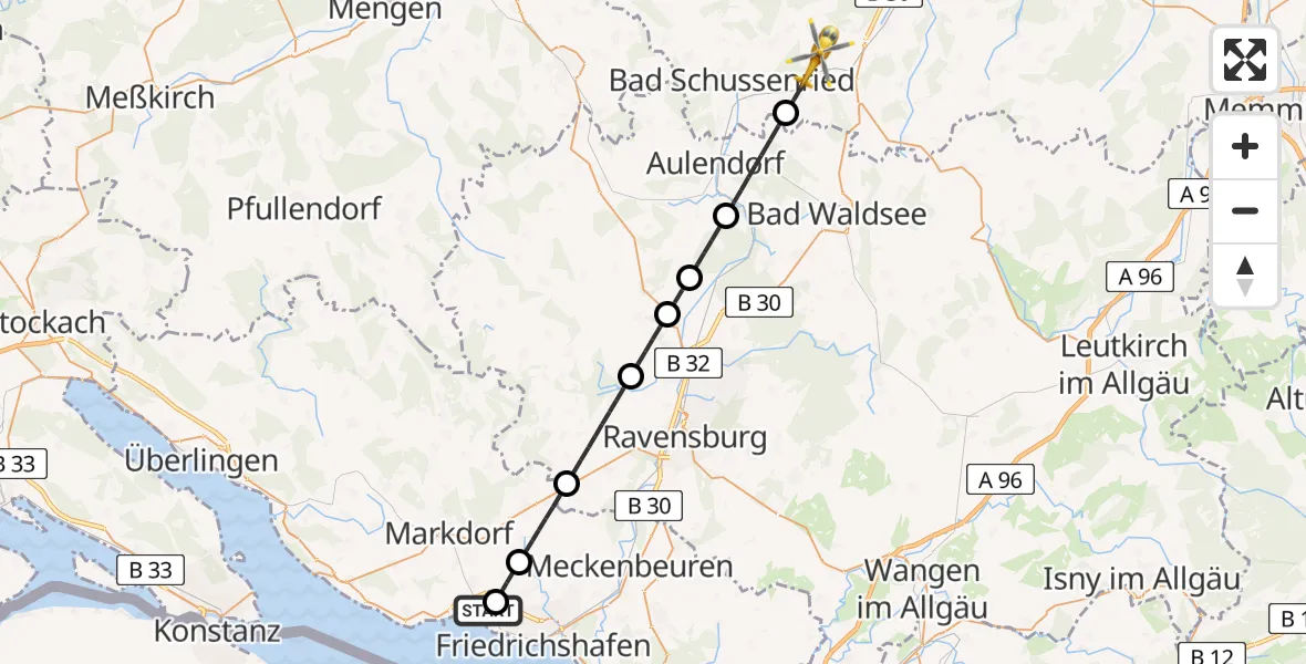 Flugroute Rettungshubschrauber Friedrichshafen Hospital - Ingoldingen, 17 Juni 2026, 06:03