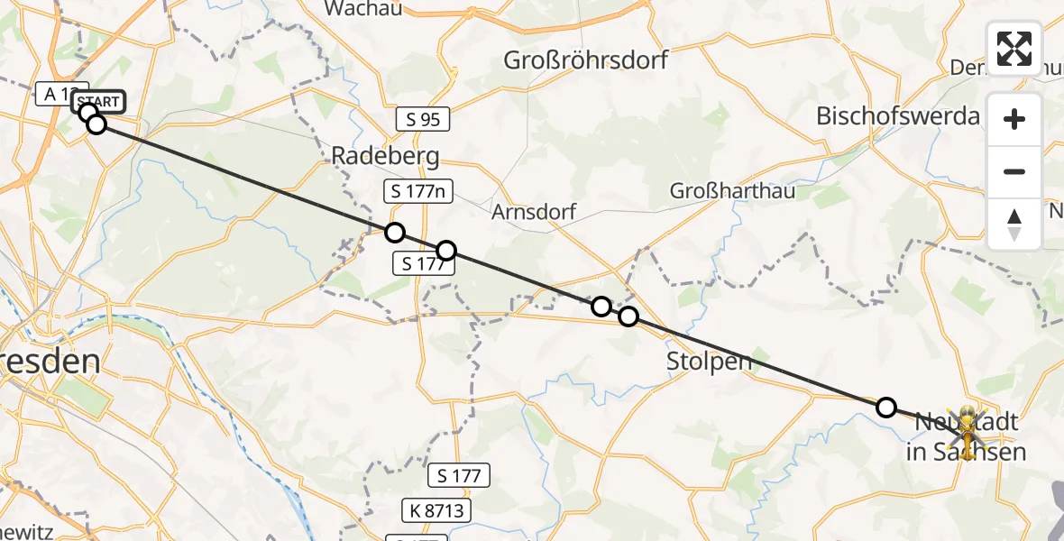 Flugroute Rettungshubschrauber Dresden Bundespolizei Hubschrauberlandeplatz - Neustadt in Sachsen, 17 Juni 2026, 06:28