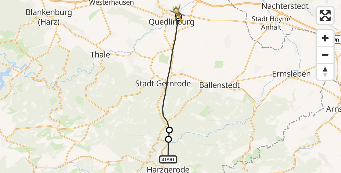 Flugroute Rettungshubschrauber Harzgerode - Harz Hospital Quedlinburg, 17 Juni 2026, 06:28