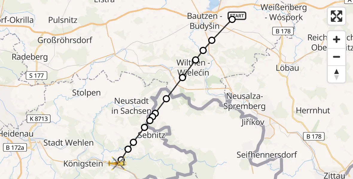 Flugroute Rettungshubschrauber Bautzen Flugplatz - Bad Schandau, 17 Juni 2026, 06:40