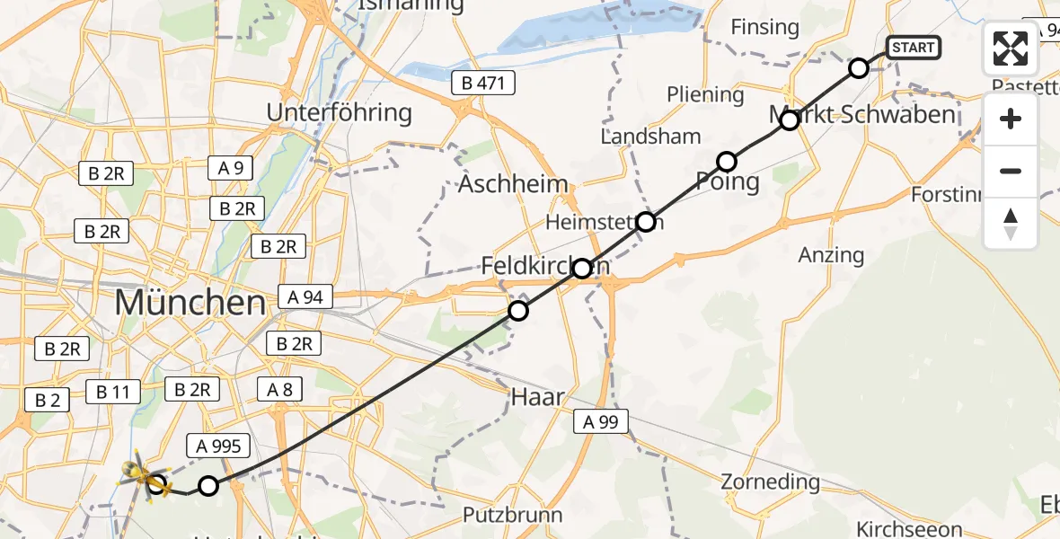 Flugroute Rettungshubschrauber Ottenhofen - ADAC Air Rescue Center Hubschrauberlandeplatz (Christoph 1), 17 Juni 2026, 06:48
