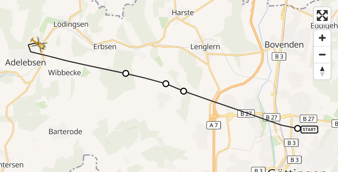 Flugroute Rettungshubschrauber Göttingen University Clinic Hubschrauberlandeplatz - Adelebsen, 17 Juni 2026, 06:49