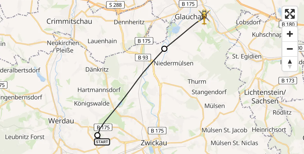 Flugroute Rettungshubschrauber ADAC Air Rescue Station Zwickau Hubschrauberlandeplatz - Glauchau, 17 Juni 2026, 06:49