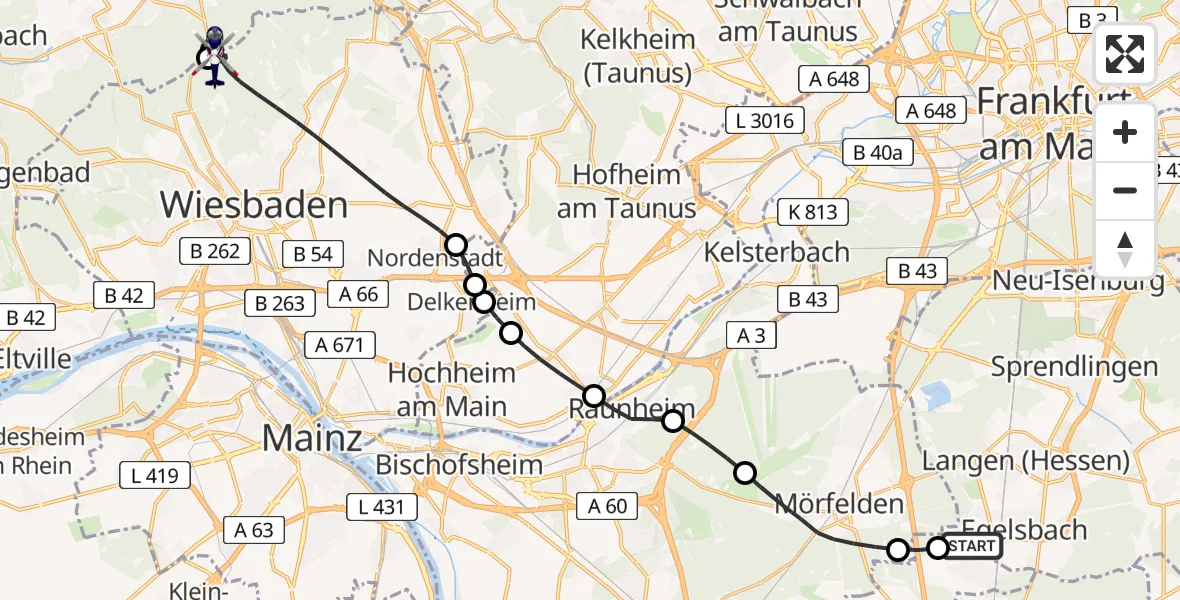 Flugroute Polizeihubschrauber Flughafen Frankfurt-Egelsbach - Wiesbaden, 17 Juni 2026, 06:54