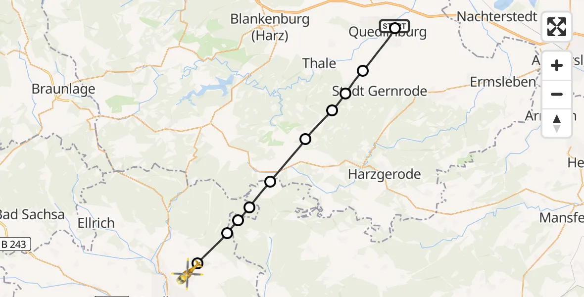 Flugroute Rettungshubschrauber Harz Hospital Quedlinburg - Nordhausen, 17 Juni 2026, 06:58