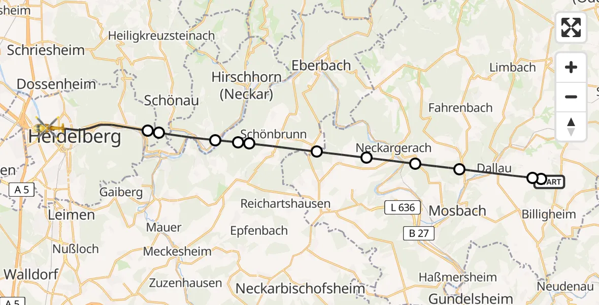 Flugroute Rettungshubschrauber Billigheim - Heidelberg, 17 Juni 2026, 06:58