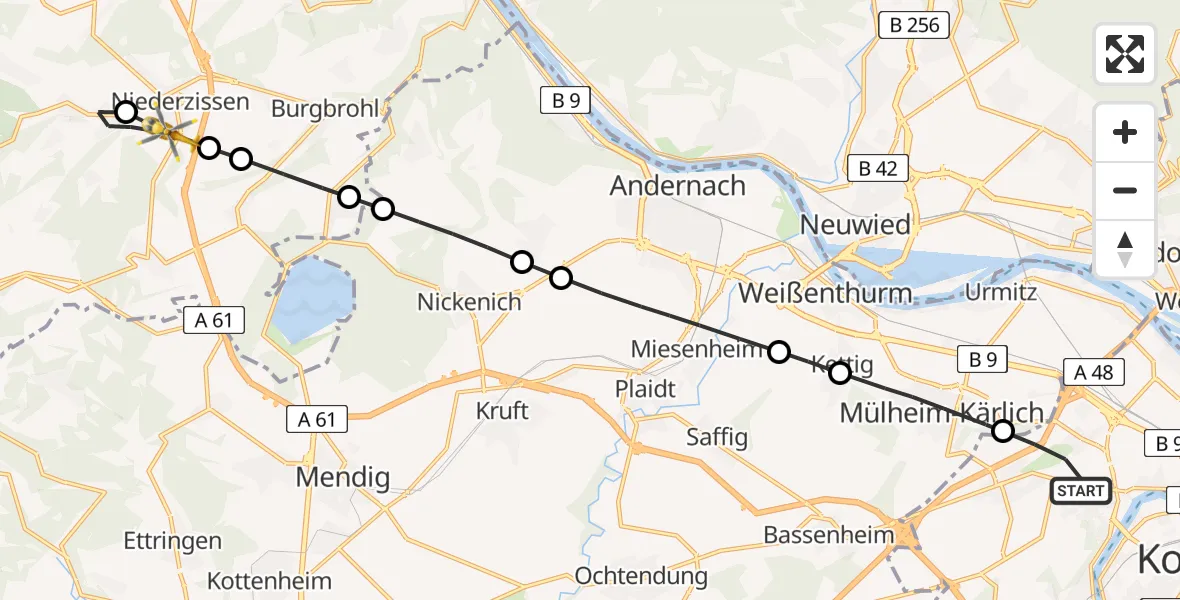 Flugroute Rettungshubschrauber Koblenz - Niederzissen, 17 Juni 2026, 07:08