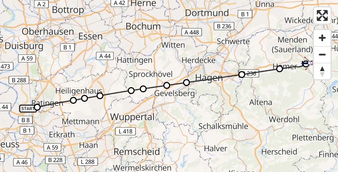 Flugroute Polizeihubschrauber Düsseldorf Flughafen - Balve, 17 Juni 2026, 07:09