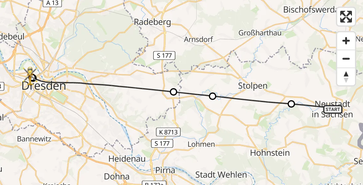 Flugroute Rettungshubschrauber Neustadt in Sachsen - Dresden Friedrichstadt Hospital, 17 Juni 2026, 07:11