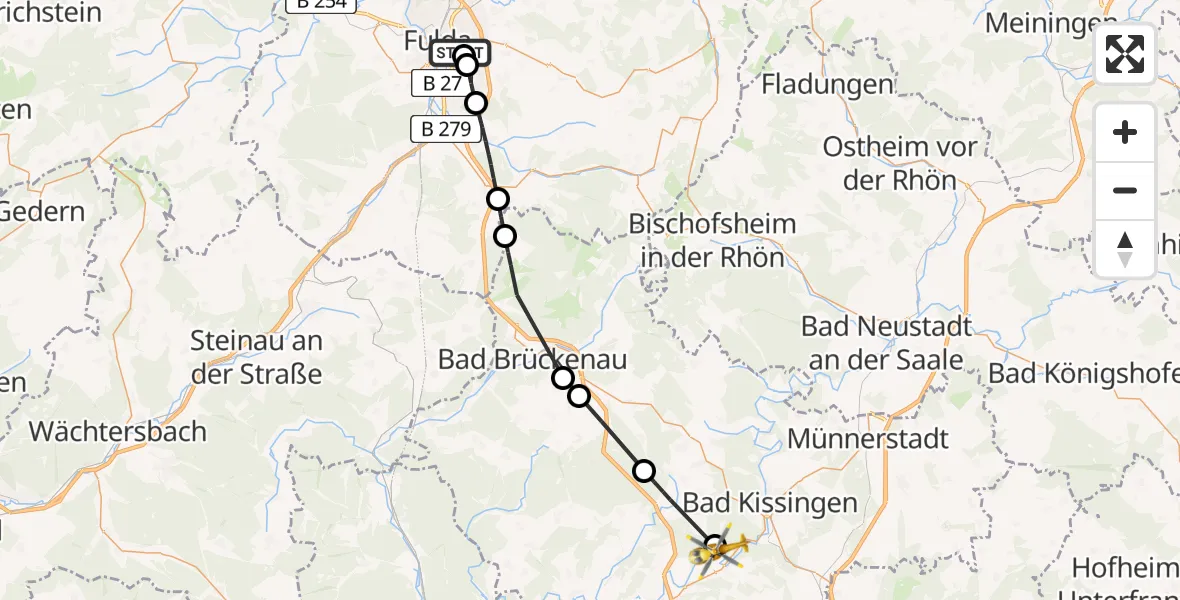 Flugroute Rettungshubschrauber Fulda Hospital - Aura a.d.Saale, 17 Juni 2026, 07:12