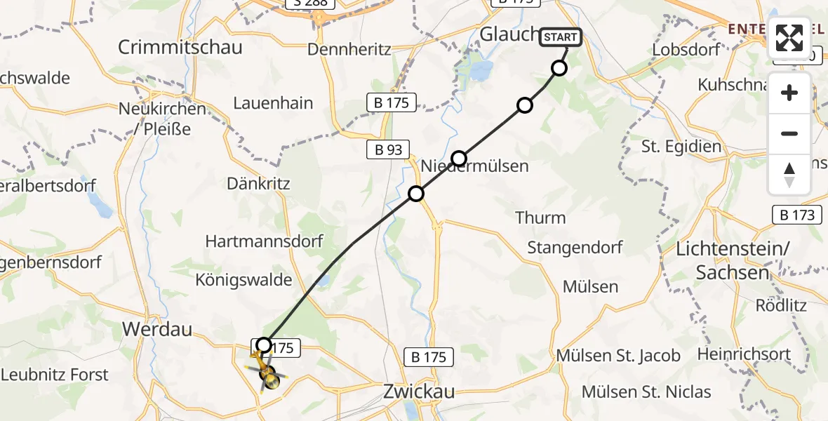 Flugroute Rettungshubschrauber Glauchau - Zwickau, 17 Juni 2026, 07:18