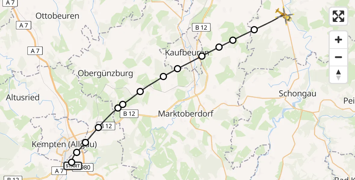 Flugroute Rettungshubschrauber Kempten-Durach Flugplatz - Fuchstal, 17 Juni 2026, 07:21