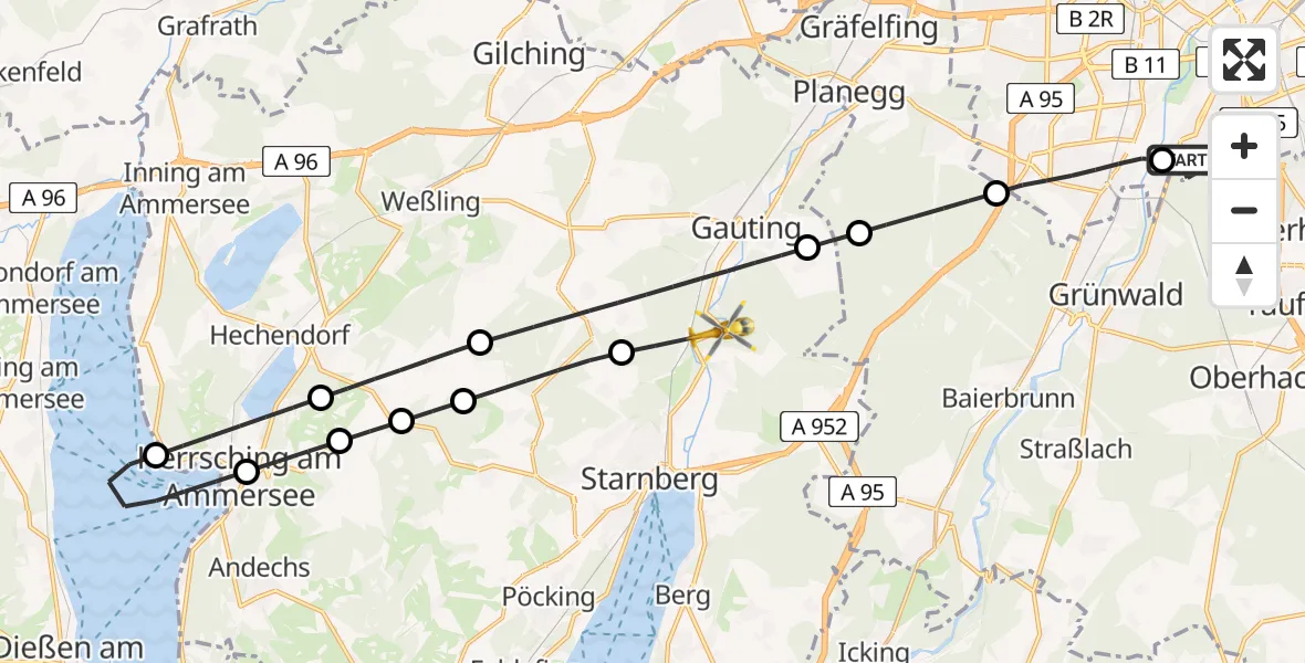 Flugroute Rettungshubschrauber ADAC Air Rescue Center Hubschrauberlandeplatz (Christoph 1) - Gauting, 17 Juni 2026, 07:22