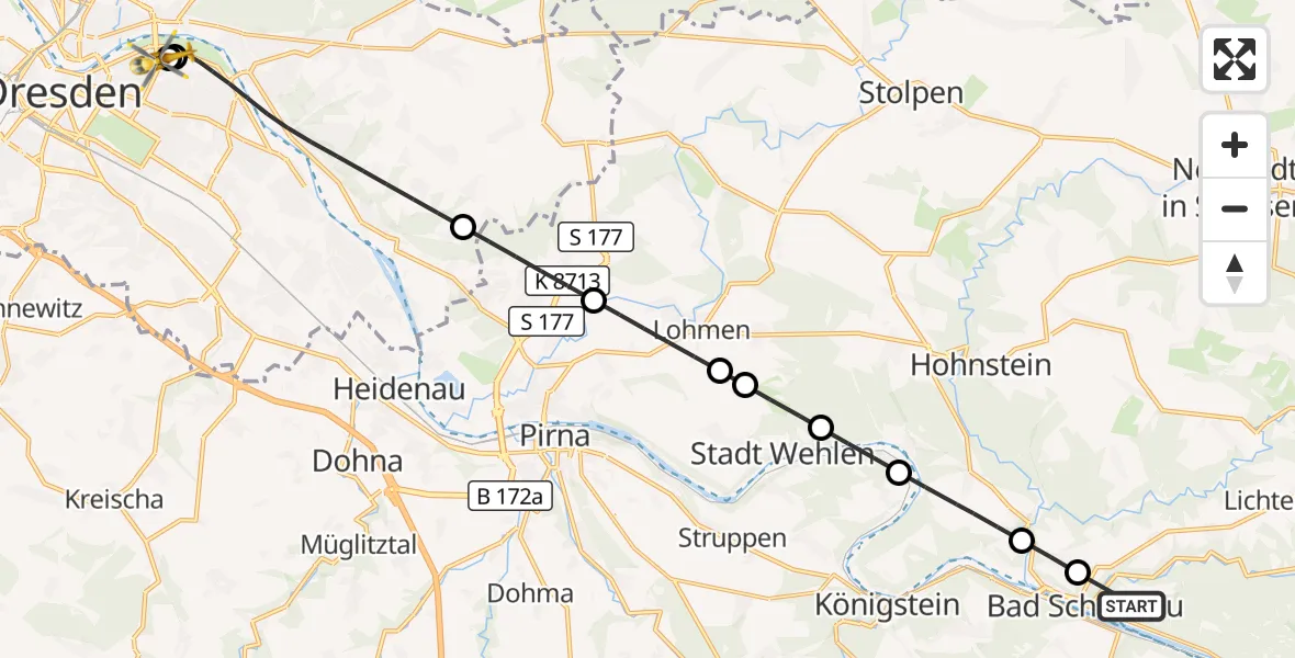 Flugroute Rettungshubschrauber Bad Schandau - Dresden University Hospital, 17 Juni 2026, 07:23