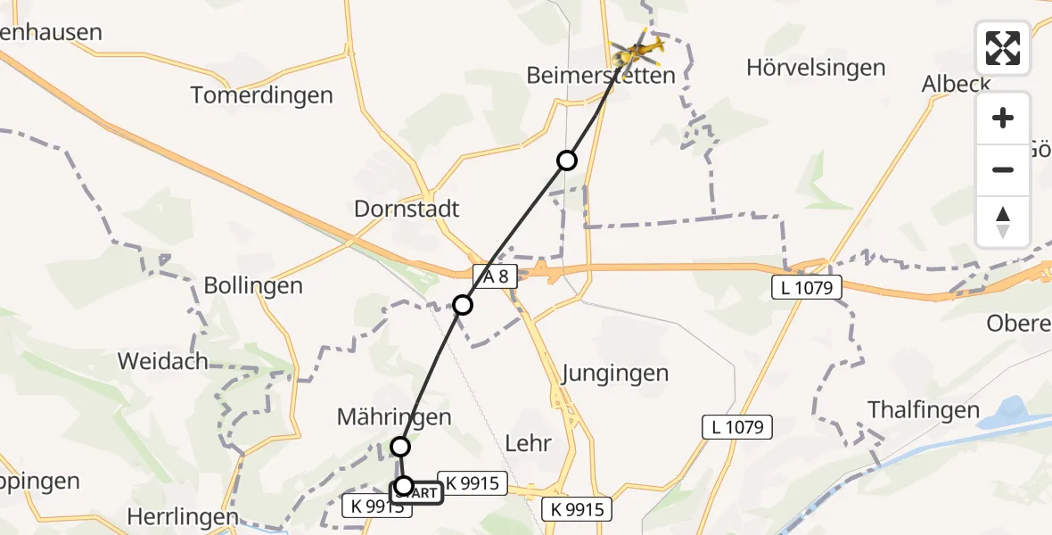 Flugroute Rettungshubschrauber Ulm Military Hospital Emergency - Beimerstetten, 17 Juni 2026, 07:24