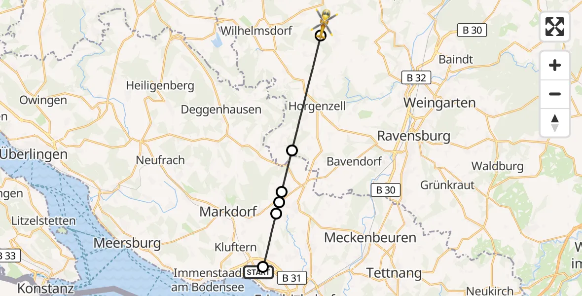 Flugroute Rettungshubschrauber Friedrichshafen Hospital - Fronreute, 17 Juni 2026, 07:33