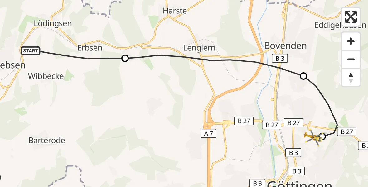 Flugroute Rettungshubschrauber Adelebsen - Göttingen University Clinic Hubschrauberlandeplatz, 17 Juni 2026, 07:33