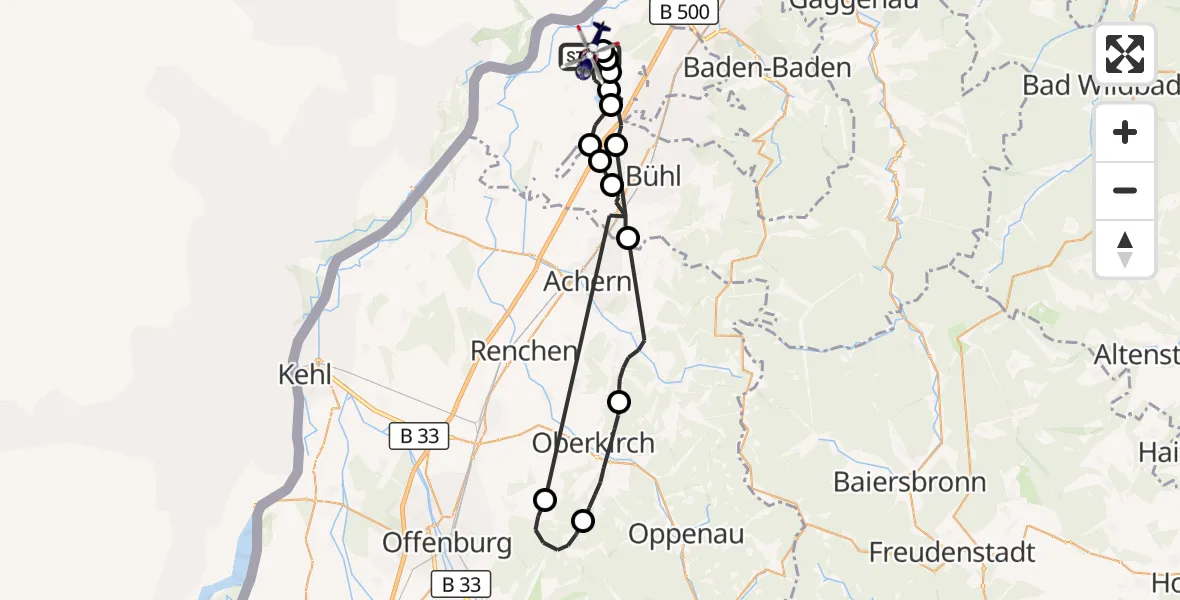 Flugroute Polizeihubschrauber Karlsruhe Baden-Baden Flughafen - Karlsruhe Baden-Baden Flughafen, 17 Juni 2026, 07:36