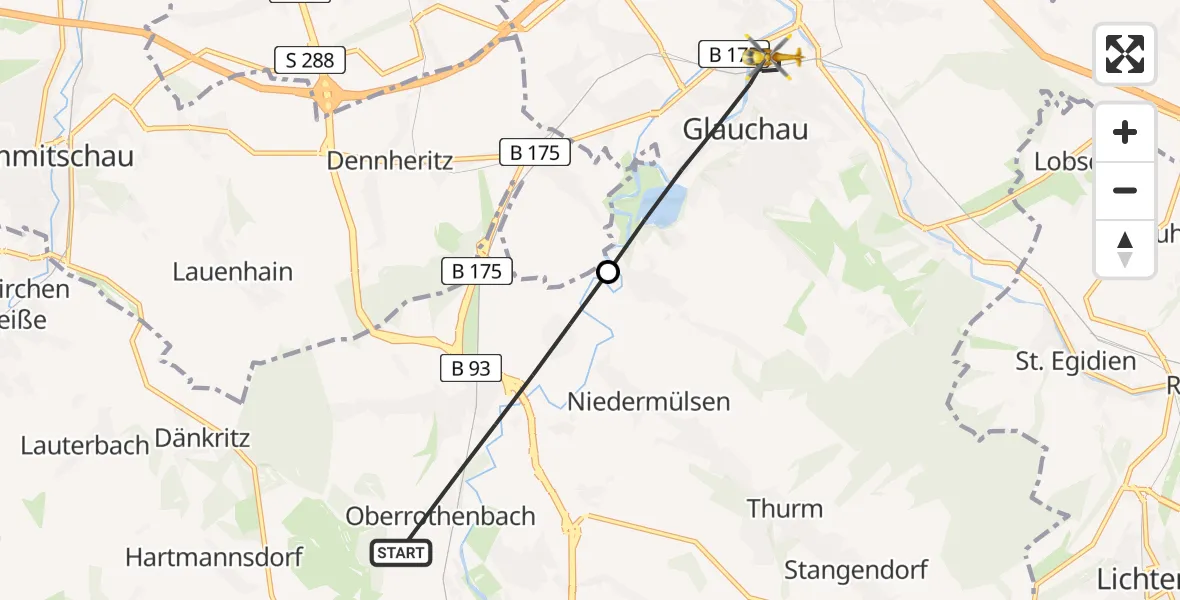 Flugroute Rettungshubschrauber Zwickau - Glauchau, 17 Juni 2026, 07:48