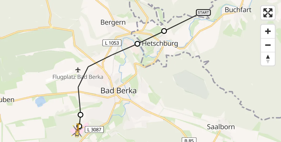 Flugroute Ambulanzhubschrauber Buchfart - Bad Berka Central Hospital, 17 Juni 2026, 07:48
