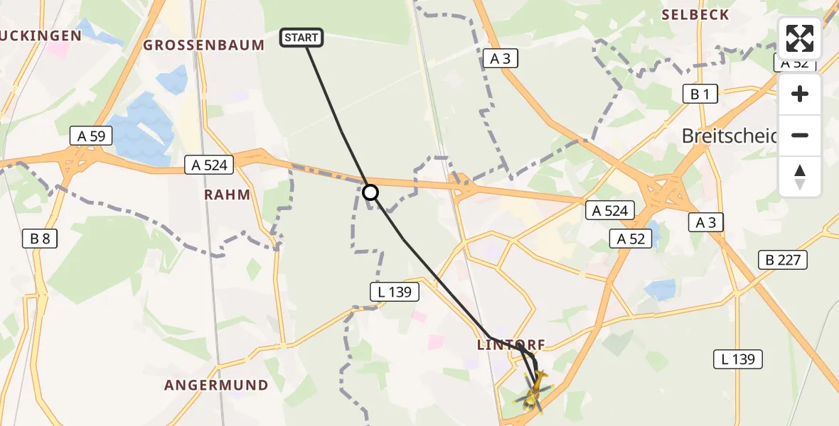 Flugroute Rettungshubschrauber Duisburg - Ratingen, 17 Juni 2026, 07:48