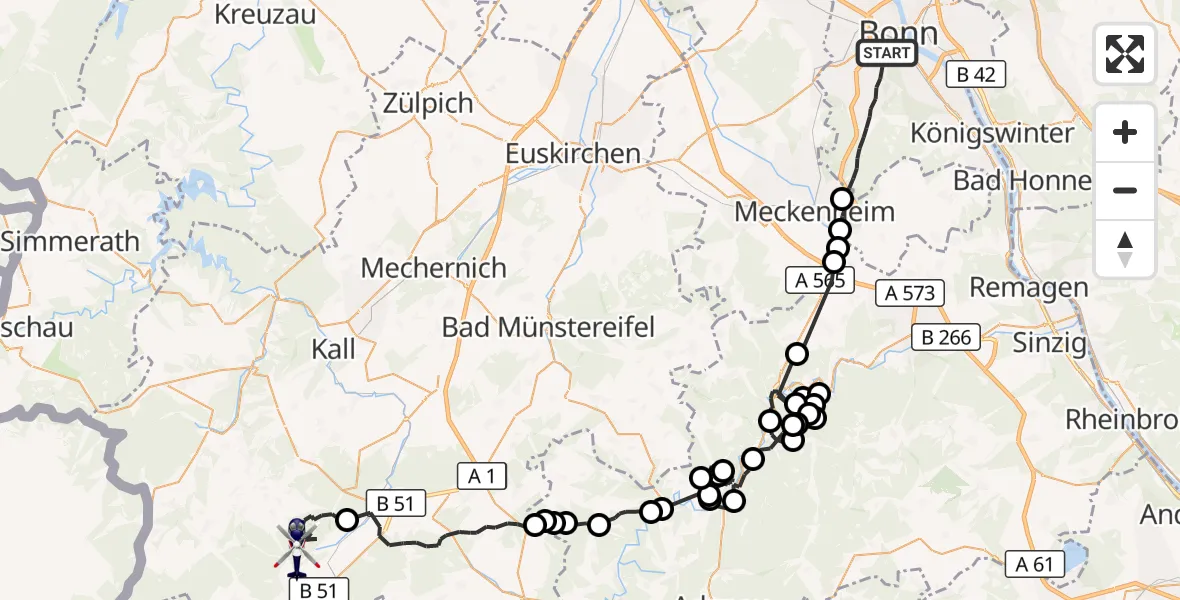 Flugroute Polizeihubschrauber Bonn - Dahlem, 17 Juni 2026, 07:48