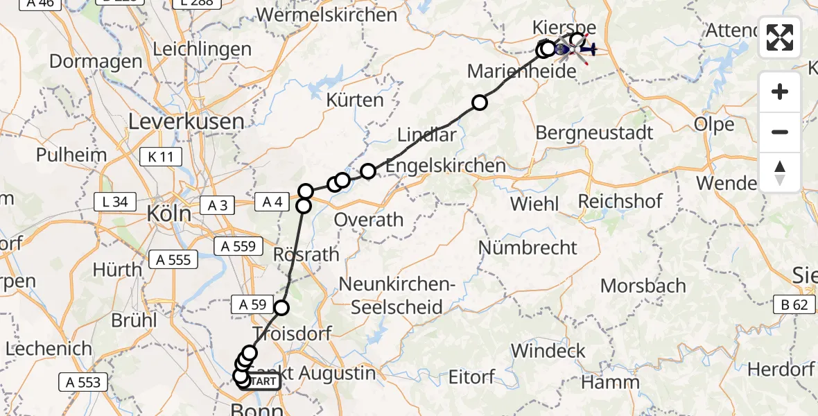 Flugroute Polizeihubschrauber Troisdorf - Meinerzhagen, 17 Juni 2026, 07:48