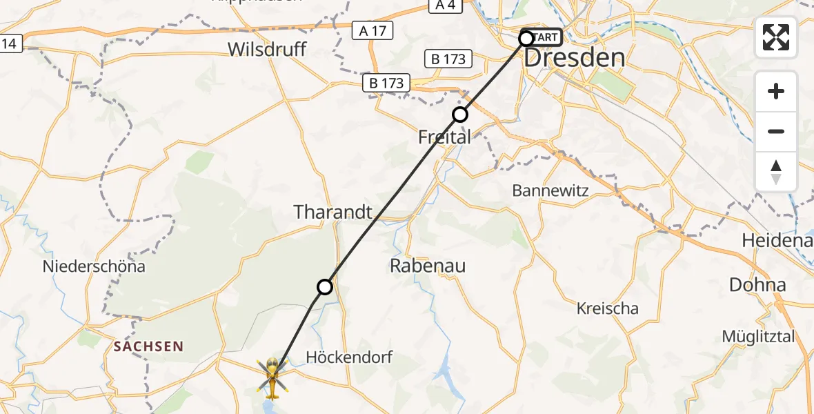 Flugroute Rettungshubschrauber Dresden Friedrichstadt Hospital - Klingenberg, 17 Juni 2026, 07:48