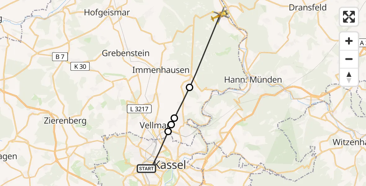 Flugroute Rettungshubschrauber Kassel - Reinhardshagen, 17 Juni 2026, 07:49
