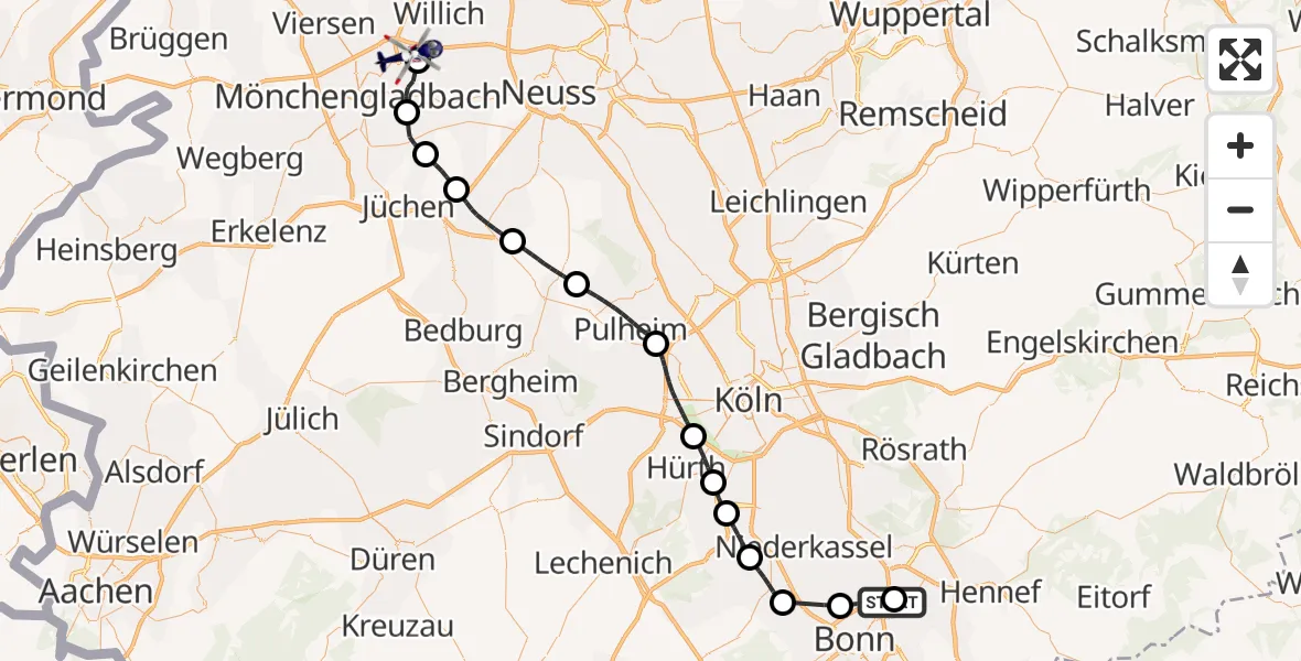 Flugroute Polizeihubschrauber Sankt Augustin - Mönchengladbach Flughafen, 17 Juni 2026, 07:51