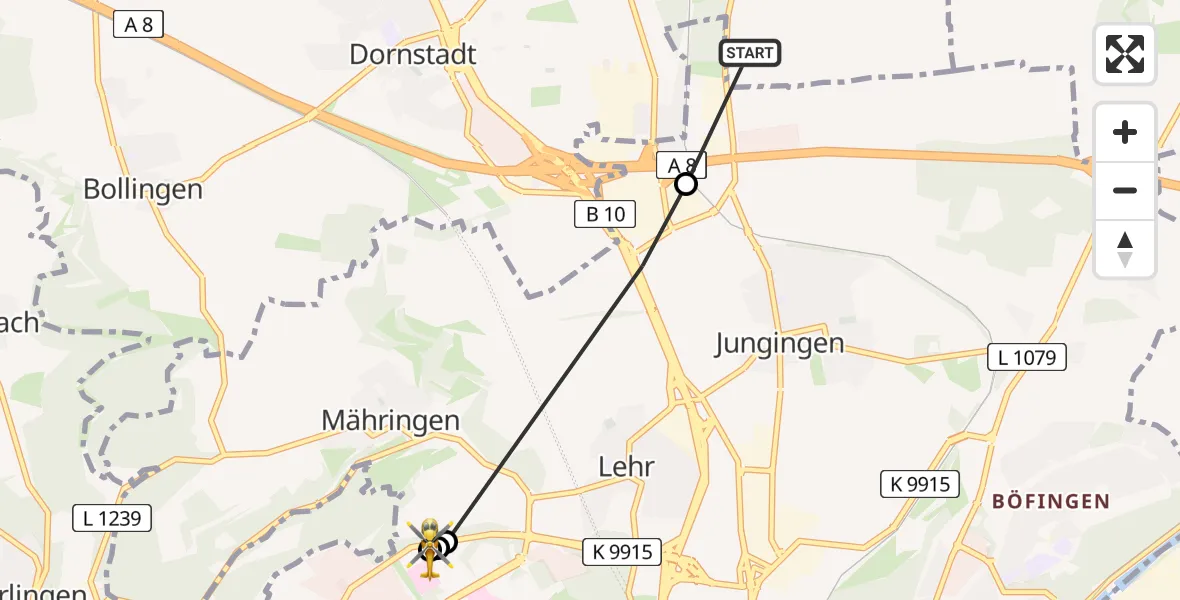 Flugroute Rettungshubschrauber Beimerstetten - ADAC Air Rescue Station Ulm (Christoph 22), 17 Juni 2026, 07:56