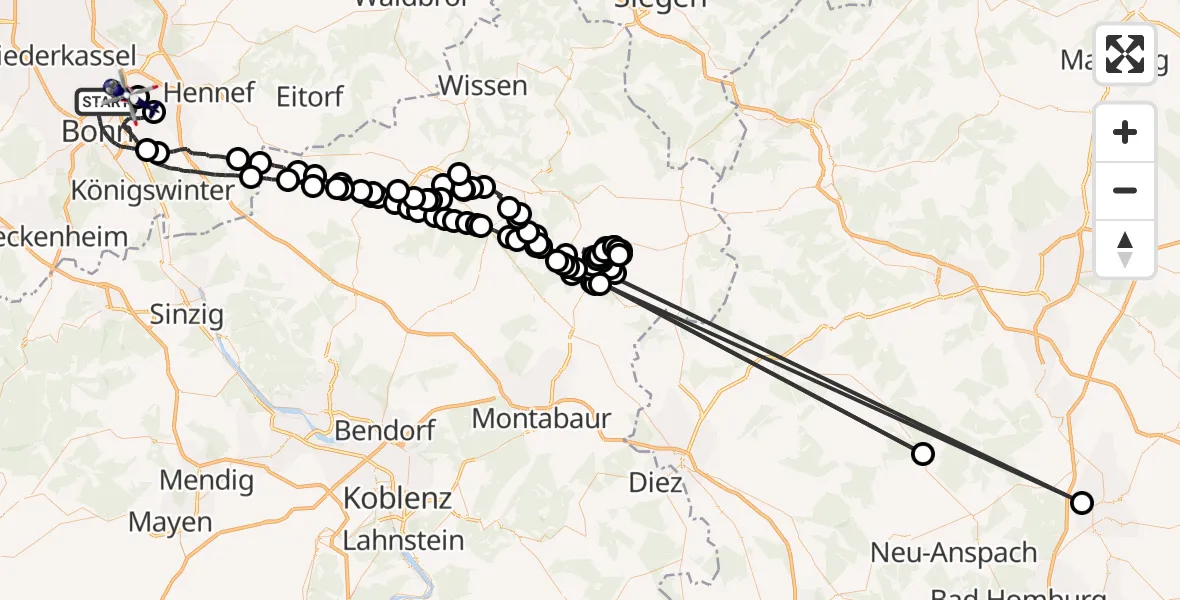 Flugroute Polizeihubschrauber Bonn - Bonn-Hangelar Flugplatz, 17 Juni 2026, 07:57