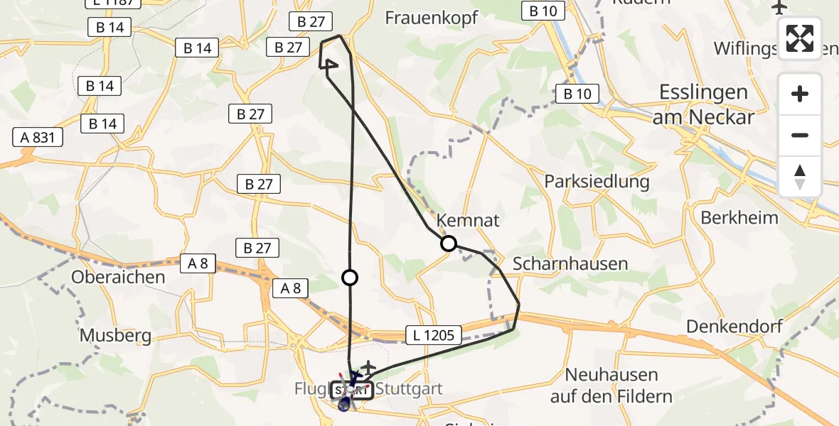 Flugroute Polizeihubschrauber Flughafen Stuttgart - Flughafen Stuttgart, 17 Juni 2026, 07:59